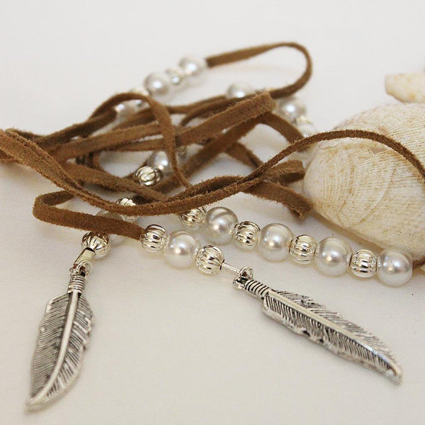 Brown Suede Silver Feather Pearl Lariat Necklace