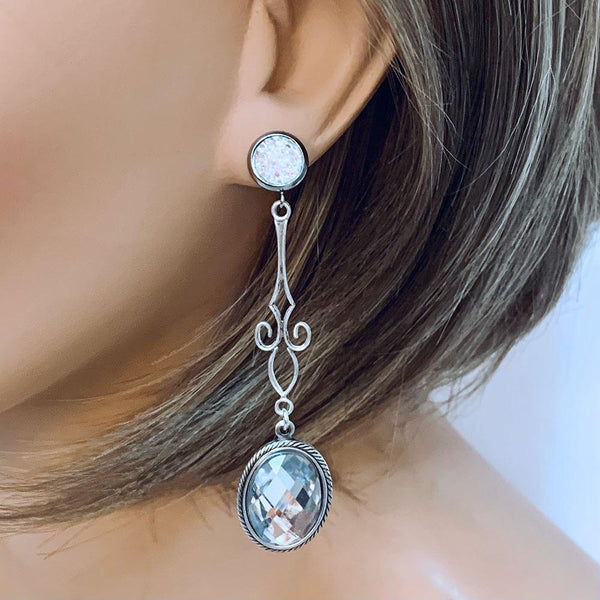 Clear White Druzy Crystal Drop Earrings