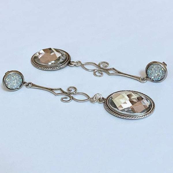 Clear White Druzy Crystal Drop Earrings