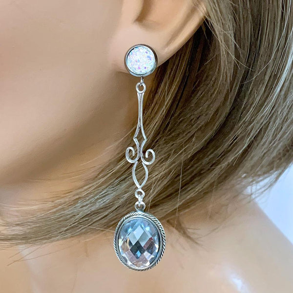 Clear White Druzy Crystal Drop Earrings
