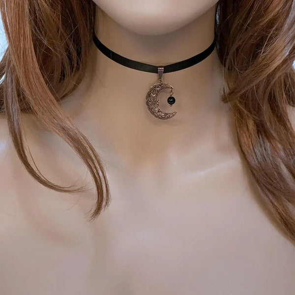 Copper Filigree Moon Black Ribbon Choker Necklace
