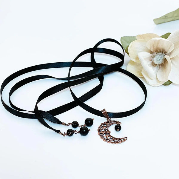 Copper Filigree Moon Black Ribbon Choker Necklace