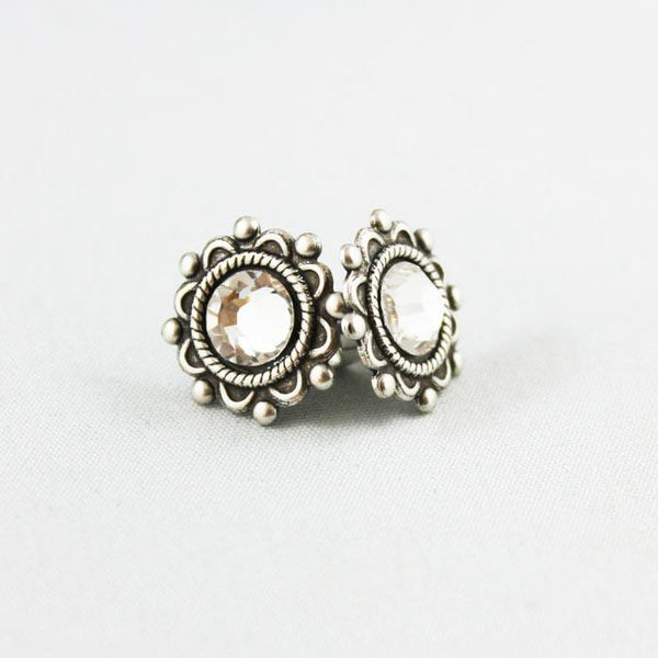Crystal Oxidized Silver Small Post Earrings
