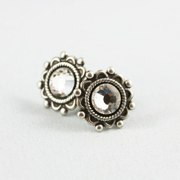 Crystal Oxidized Silver Small Post Earrings