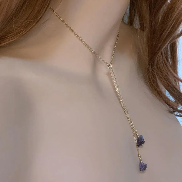 Dainty Gold Amethyst Lariat Necklace