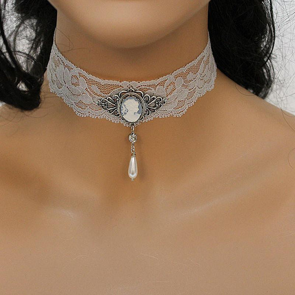 Dainty Grey Lace Cameo Victorian Choker