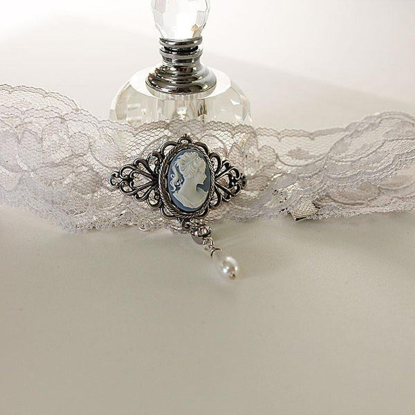 Dainty Grey Lace Cameo Victorian Choker