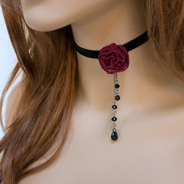 Dainty Red Rose Black Velvet Victorian Choker