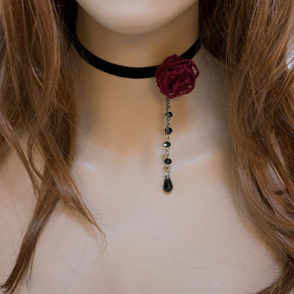 Dainty Red Rose Black Velvet Victorian Choker