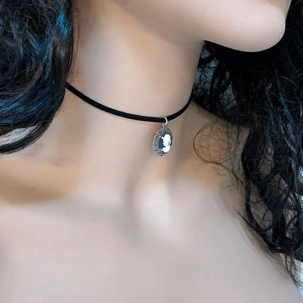 Dainty Victorian Black Cameo Choker Necklace