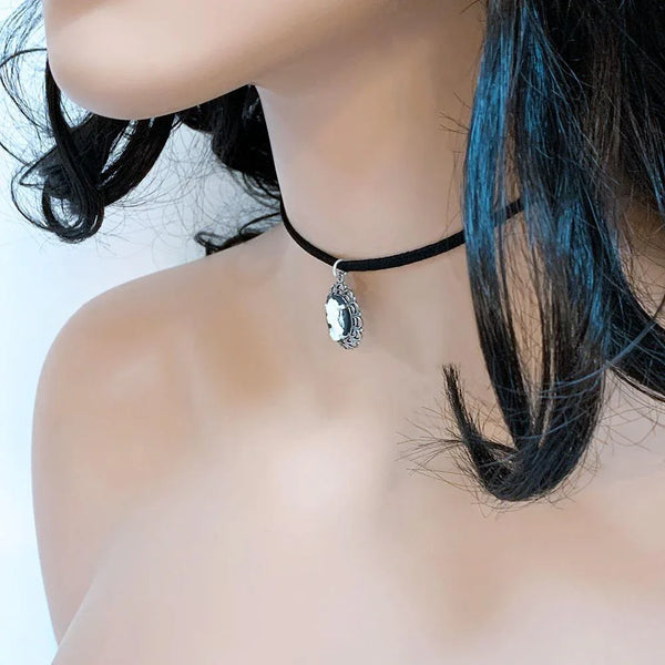 Dainty Victorian Black Cameo Choker Necklace