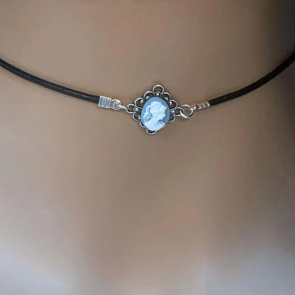 Dainty Victorian Blue Cameo Choker Necklace