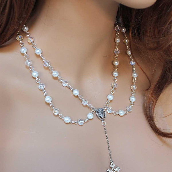 Double Strand Pearl Rosary Necklace Collar