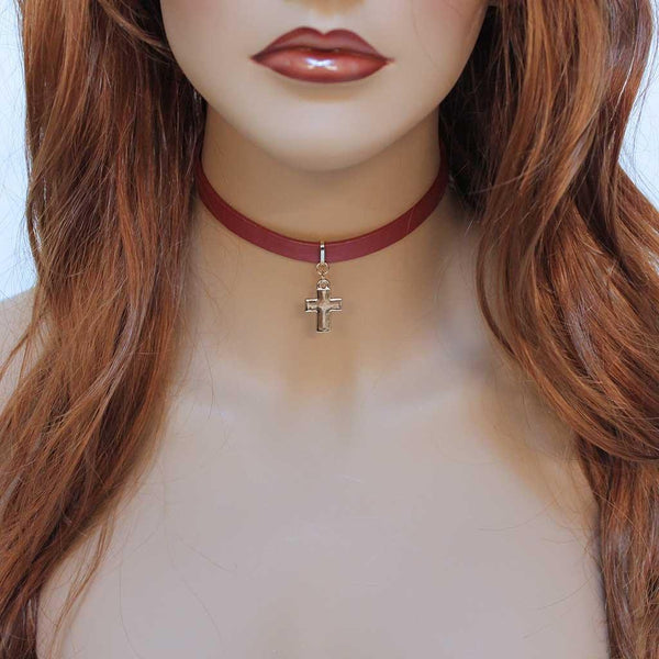 Gold Cross Red Leather Choker Necklace