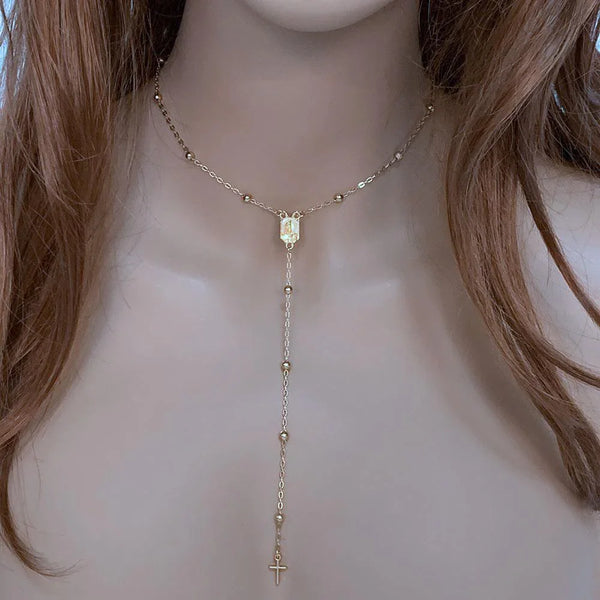 Gold Satellite Mother Mary Chain Rosary Necklace