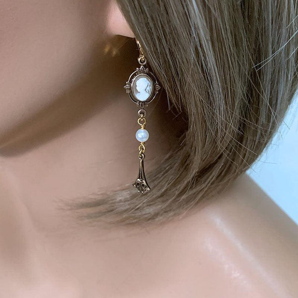 Gold Victorian Ivory Cameo Dangle Earrings