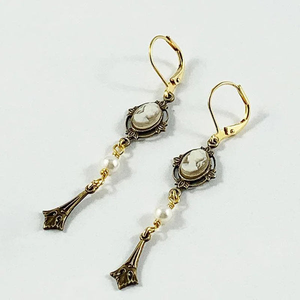 Gold Victorian Ivory Cameo Dangle Earrings