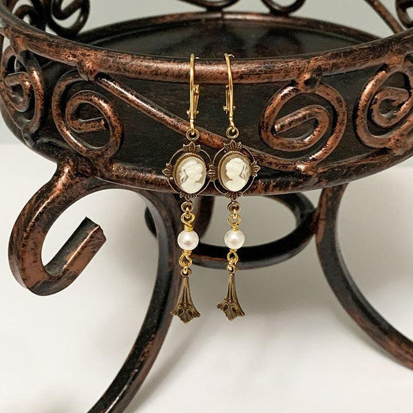 Gold Victorian Ivory Cameo Dangle Earrings