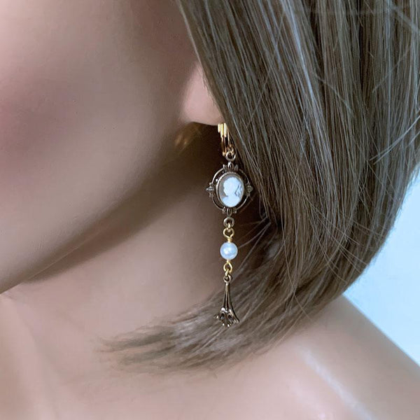 Gold Victorian Ivory Cameo Dangle Earrings
