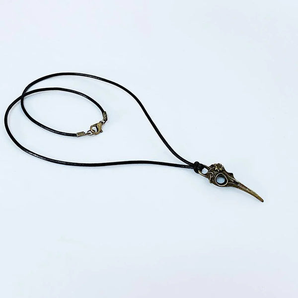 Gothic Antique Bronze Raven Skull Pendant Black Leather Necklace