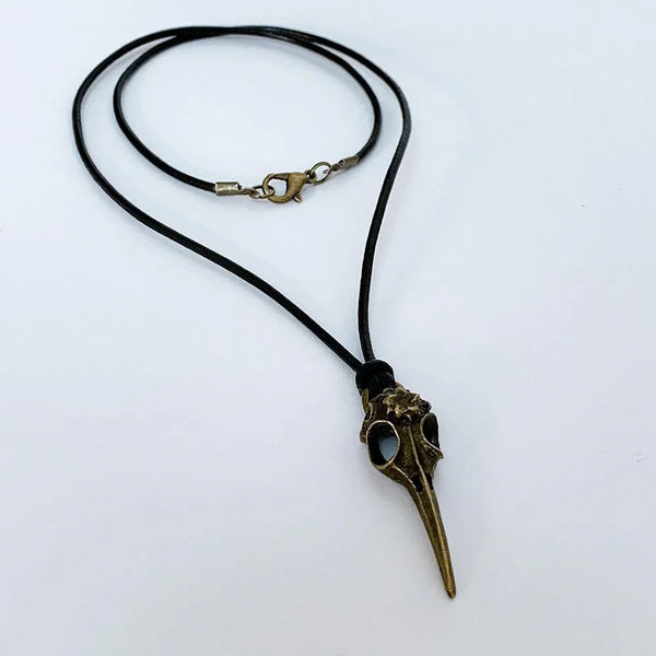 Gothic Antique Bronze Raven Skull Pendant Black Leather Necklace