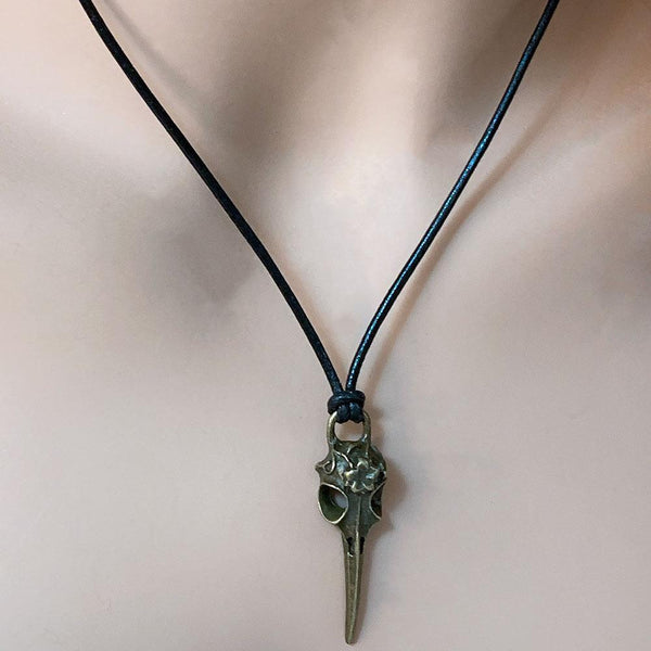 Gothic Antique Bronze Raven Skull Pendant Black Leather Necklace