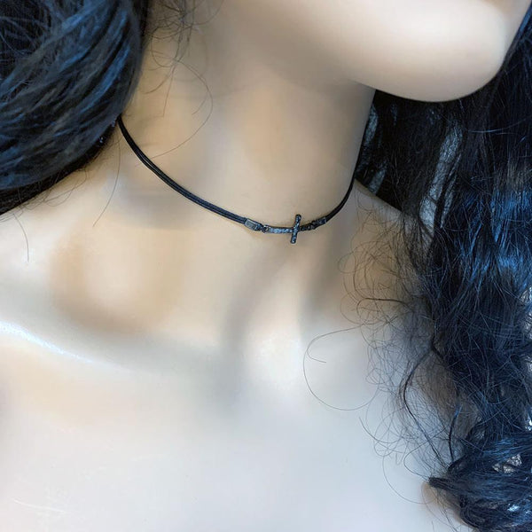 Gothic Black Sideways Cross Choker
