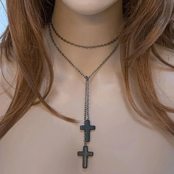 Gothic Double Cross Gunmetal Lariat Necklace