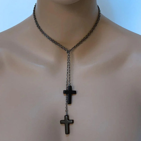 Gothic Double Cross Gunmetal Lariat Necklace