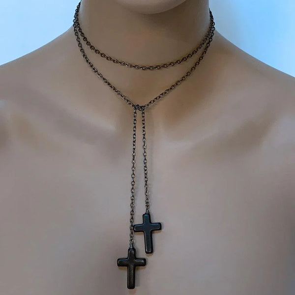 Gothic Double Cross Gunmetal Lariat Necklace