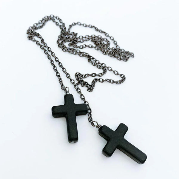 Gothic Double Cross Gunmetal Lariat Necklace