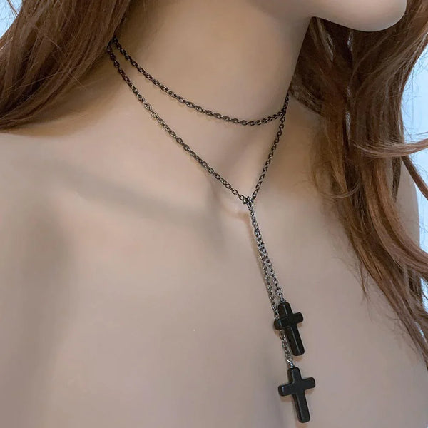 Gothic Double Cross Gunmetal Lariat Necklace