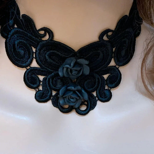 Gothic Victorian Black Rose Choker Necklace