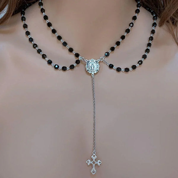 Gothic Victorian Double Strand Black Rosary Necklace