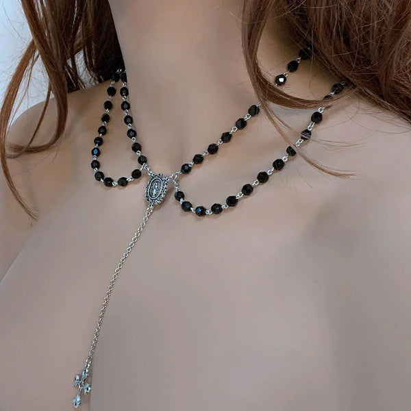 Gothic Victorian Double Strand Black Rosary Necklace