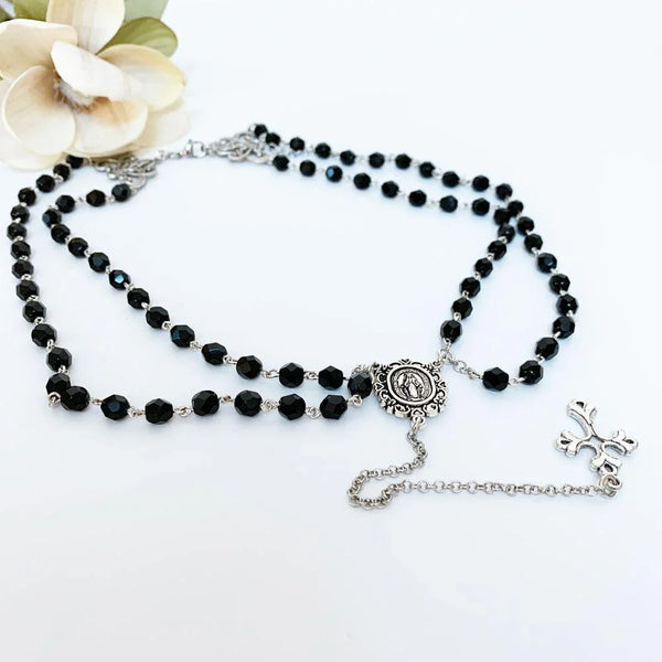 Gothic Victorian Double Strand Black Rosary Necklace