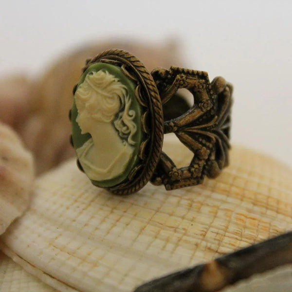 Green Cameo Brass Victorian Ring