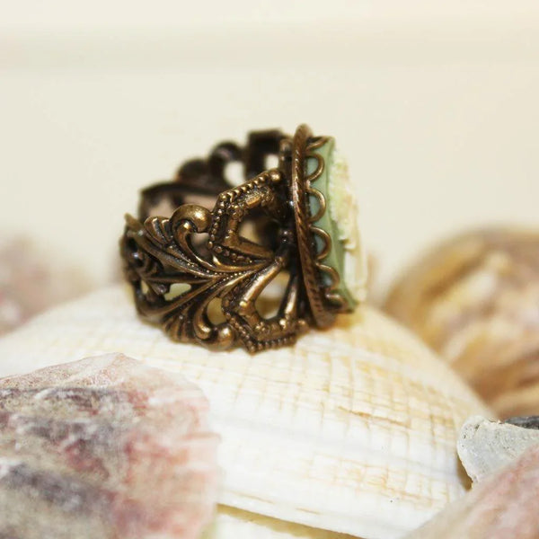 Green Cameo Brass Victorian Ring