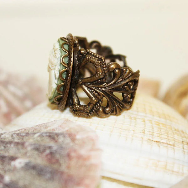 Green Cameo Brass Victorian Ring