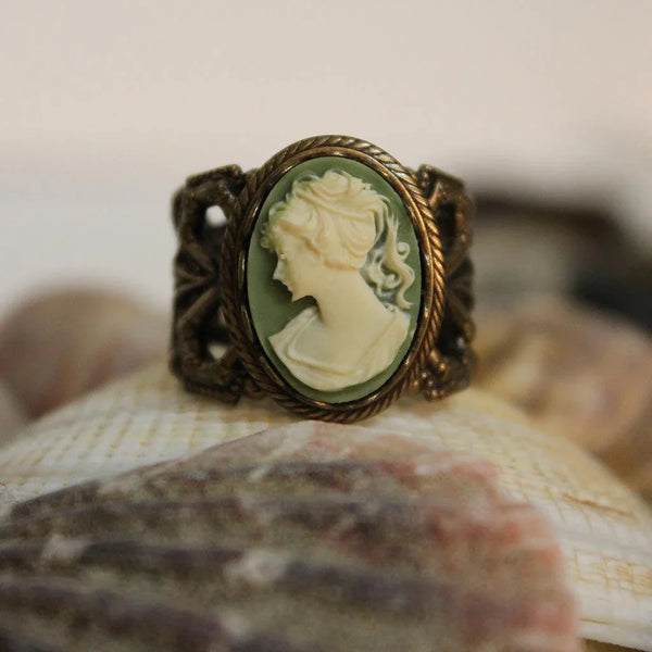 Green Cameo Brass Victorian Ring