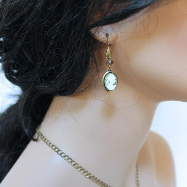 Green Cameo Victorian Style Drop Earrings