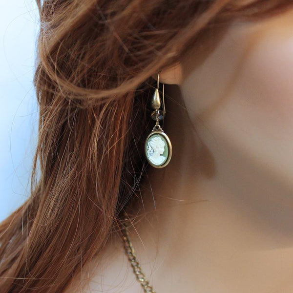 Green Cameo Victorian Style Drop Earrings