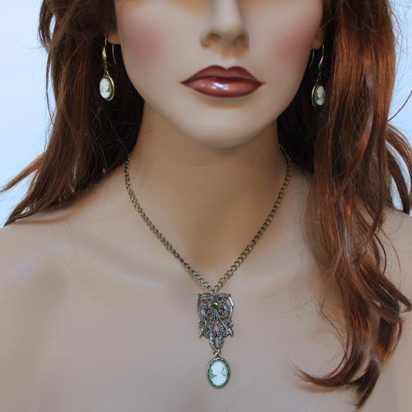 Green Cameo Victorian Style Drop Earrings