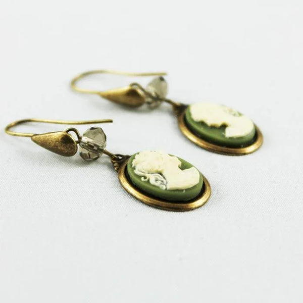 Green Cameo Victorian Style Drop Earrings