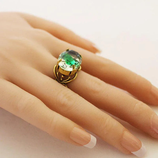 Green Clear Crystal Gold Filigree Adjustable Ring