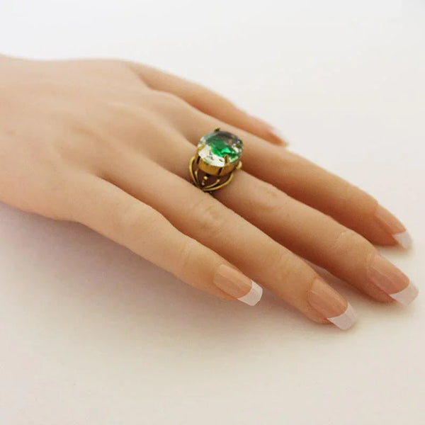 Green Clear Crystal Gold Filigree Adjustable Ring