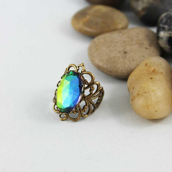 Green Crystal Victorian Filigree Ring