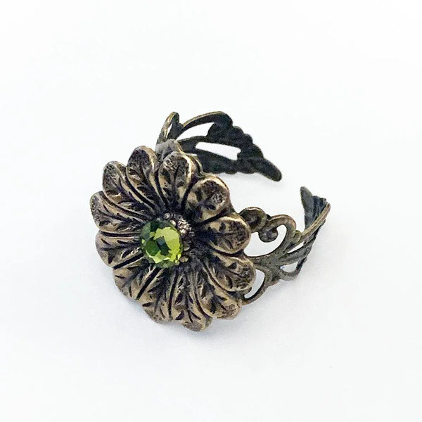 Green Crystal Victorian Floral Ring