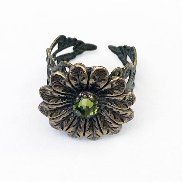 Green Crystal Victorian Floral Ring