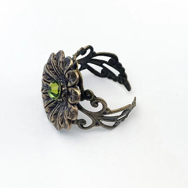 Green Crystal Victorian Floral Ring
